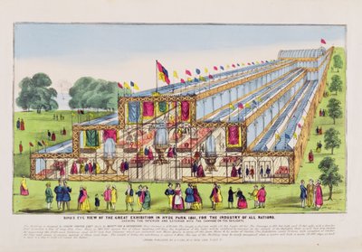 Birds Eye View av den store utstillingen i Hyde Park, viser interiøret og eksteriøret, pub. av A. Flude (trykk) av English School